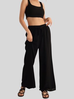 Siyah Beli Bağlamalı Bol Paça Viskon Pantolon