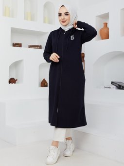 Lacivert Kapüşonlu Fermuarlı Spor Kap