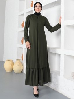 Fermuarlı Kuşaklı Haki Ferace