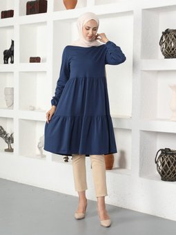 Kol Uçları Lastikli İndigo Tunik