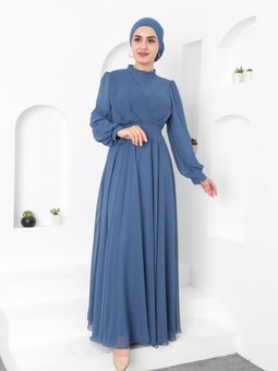 Mavi Çapraz Şifon Abiye Elbise