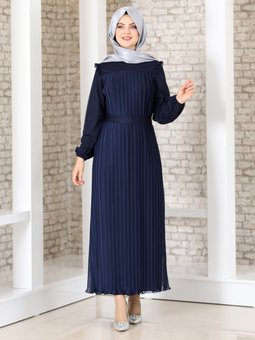 Robalı Boydan Pliseli Lady Lacivert Abiye Elbise