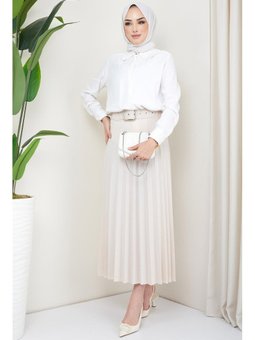 Kemerli Piliseli Ekru Etek