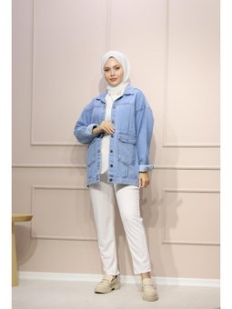 Pileli Oversize Kot Buz Ceket Mavisi