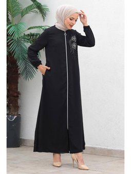 Fermuarlı Şifon Abiye Siyah Ferace