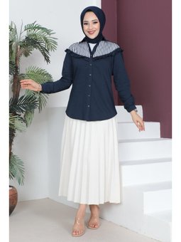 Fırfır Detaylı Kısa Lacivert Gömlek