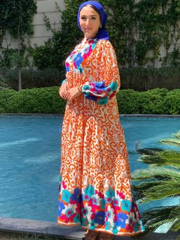 Çiçekli Turuncu Begonvil Viskon Elbise