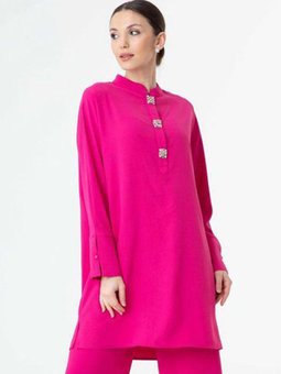Fuşya Taş İşlemeli Salaş Tunik