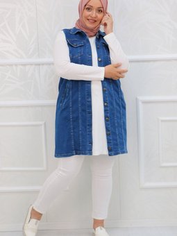 Mavi Büyük Beden Düğmeli Kot Yelek