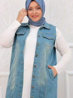 Soğuk Mavi Büyük Beden Taşlamalı Tırnaklı Kot Yelek