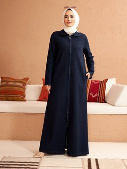 Boydan Fermuarlı Koyu Petrol Ferace