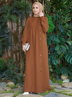 Düğme Detaylı Açık Kahve Ferace