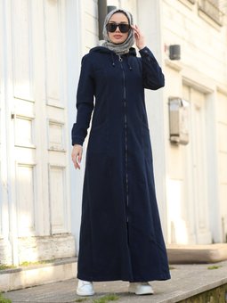 Fermuarlı Kapüşonlu Lacivert Ferace