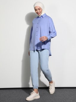 Arkası Uzun Düğmeli Oxford Gök Mavisi Tunik