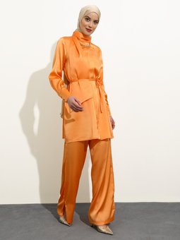 Bağlama Detaylı Saten Şık Turuncu Tunik