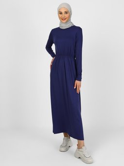 Doğal Kumaşlı Beli Lastikli Lacivert Elbise