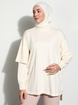 Doğal Kumaşlı Kendinden Kol Detaylı Basic Off White Tunik