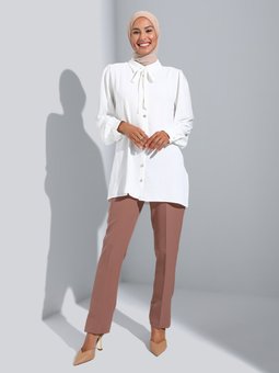 Düğme Detaylı Off White Tunik