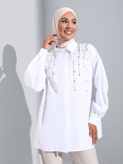 İnci Ve Taş İşlemeli Poplin Off White Tunik