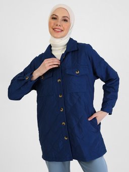 Kapitone Kumaş Cep Detaylı Lacivert Kap