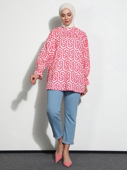Mercan Geometrik Desenli Kolu Volanlı Tunik