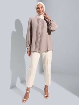 Nervürlü Saten Vintage Haki Bluz