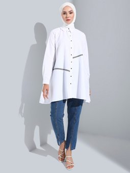 Sim Şerit Detaylı Çıtçıtlı Pamuklu Off White Tunik
