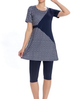 Lacivert Likralı Yarı Kemer Detaylı Kazayağı Desenli Mayo