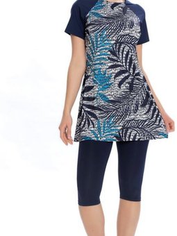 Mavi Likralı Yarı Nokta Desenli Mayo