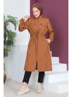 Büyük Beden Süs Cepli Tarçın Trençkot