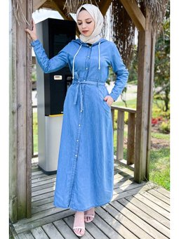 Önden Düğmeli Kot Elbise Açık Mavi