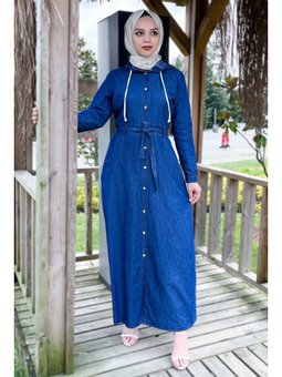 Önden Düğmeli Kot Koyu Mavi Elbise