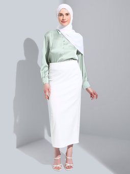 Beli Lastikli Düz Dar Beyaz Etek