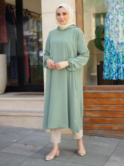 Ayrobin Su Yeşili Kapüşonlu Tunik