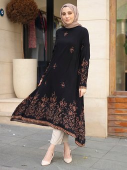 Sulu Desenli Siyah Tunik