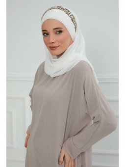 Taş Aksesuarlı Tasarım Şifon Gümüş Şal, Kırık Beyaz