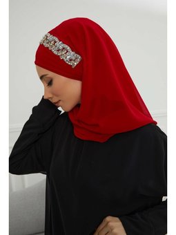 Taş Aksesuarlı Tasarım Şifon Gümüş Şal, Kırmızı