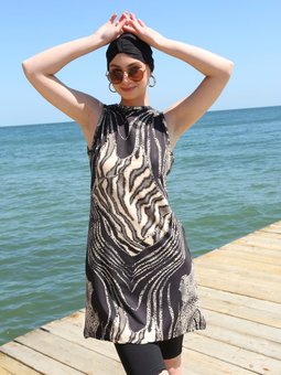 Siyah Sıfır Kol Leopar Yarım Mayo