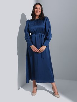 Balon Kol Büyük Beden Saten Lacivert Elbise