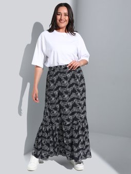 Büyük Beden Beli Lastikli Desenli Siyah Beyaz Etek