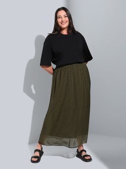 Büyük Beden Beli Lastikli Puantiyeli Haki Siyah Etek