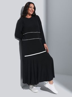 Büyük Beden Biye Detaylı Örme Ekru Elbise Siyah