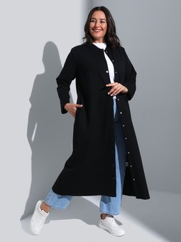 Büyük Beden Boydan Çıtçıt Düğmeli İplik Örme Siyah Kap