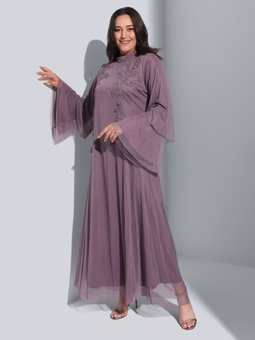 Büyük Beden Çiçek Nakışlı Koyu Lila Abiye Elbise