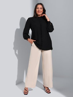 Büyük Beden Fırfır Detaylı İpek Tuşeli Siyah Tunik