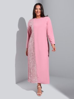 Büyük Beden Pul Detaylı Gül Kurusu Abiye Elbise