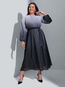 Degrade Desenli Şifon Büyük Beden Gri Abiye Elbise Siyah