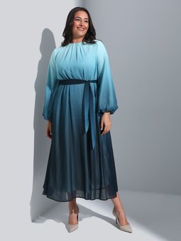 Degrade Desenli Şifon Büyük Beden Mavi Abiye Elbise Lacivert