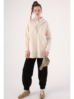 Ekru Cepli Kapüşonlu Sweat Hırka