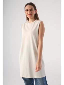 Ekru Pamuklu Yaka Biyeli Kolsuz Tunik